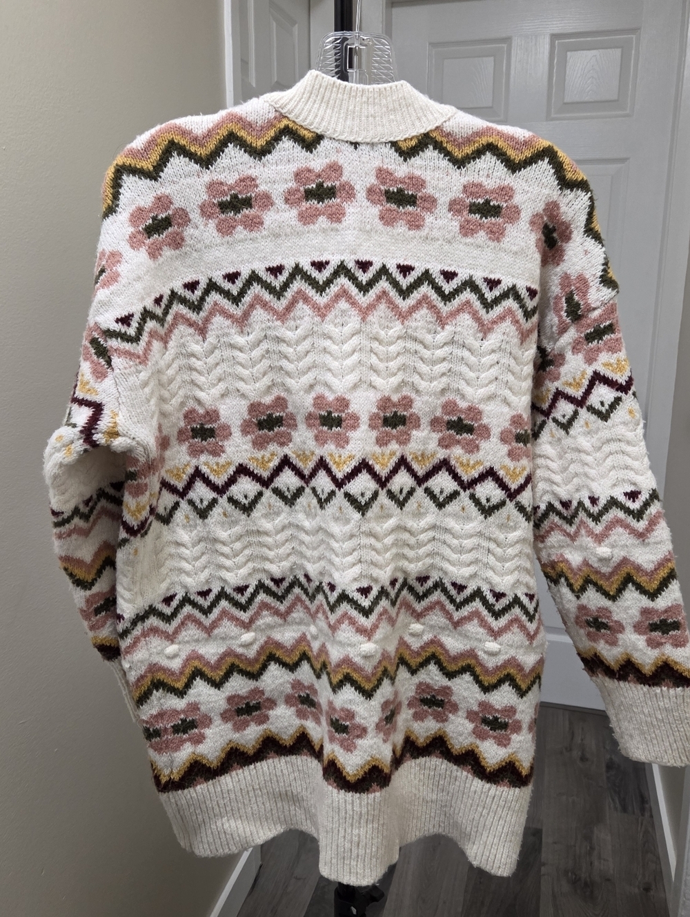 Dex Cream Patterned Chunky Knit Cardigan Boho Cottagecore Cozy Grandpa Style - Picture 7 of 11